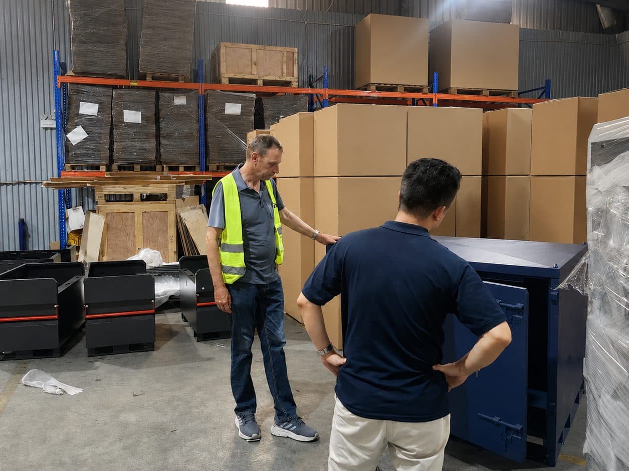 Factory staff reviewing finished metal cabinetry on the production floor